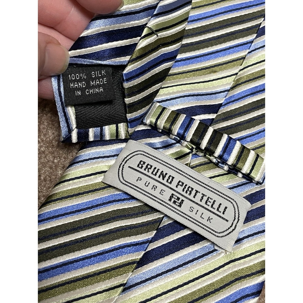 Bruno Piattelli Tie Silk Mens Designer Necktie Blue Green Stripe Handmade 3.75"
